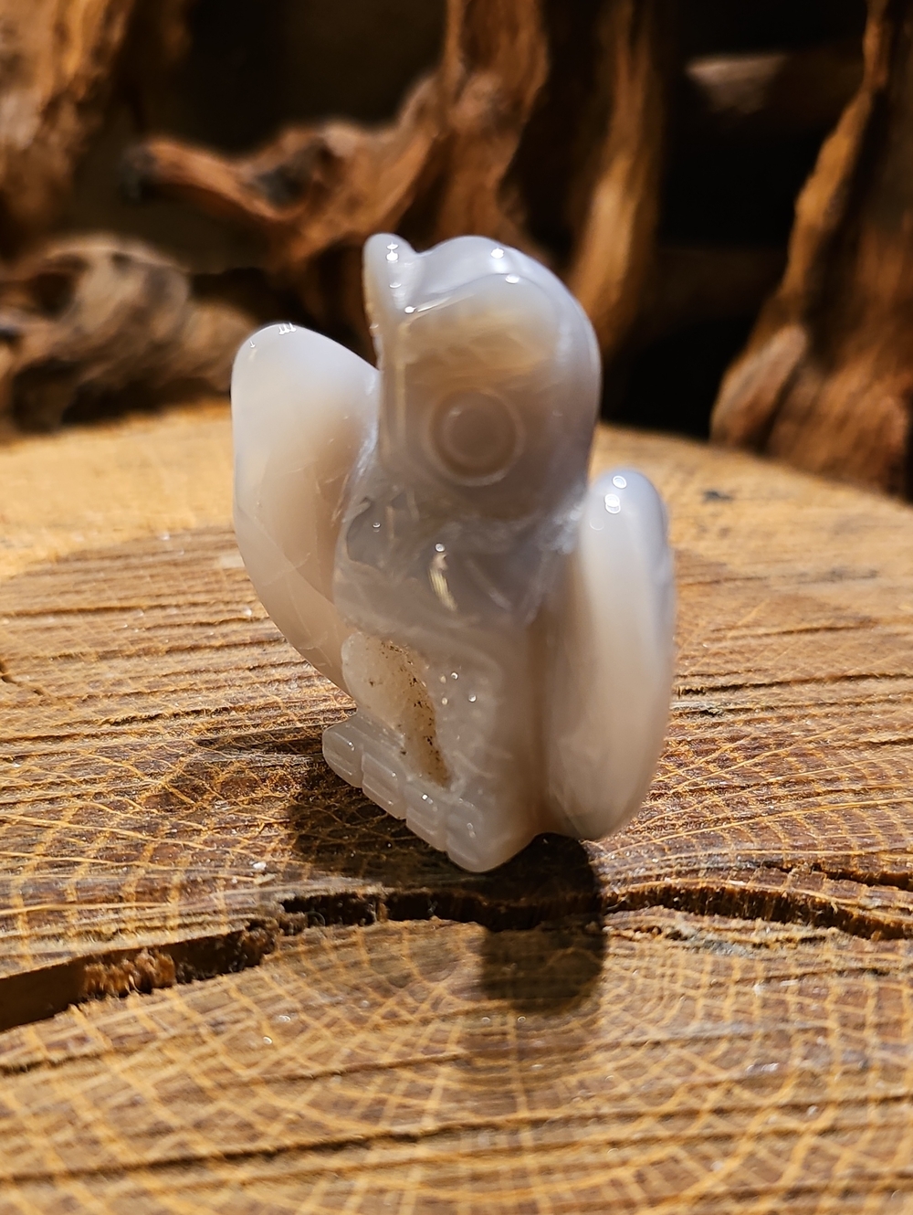 Carved Agate Owl Figurine - Gray and Cream Druzy Center - Picture 3 of 9